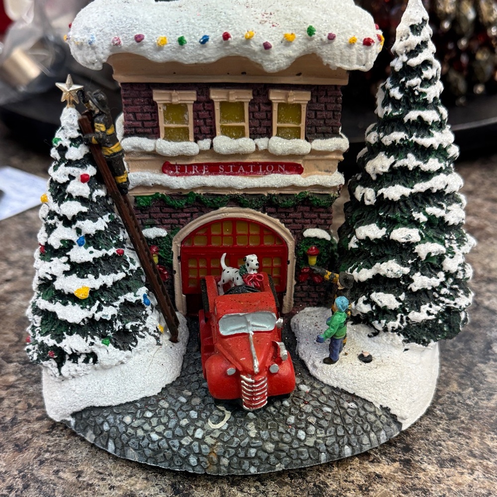 Thomas Kinkade Red and White Fire Station Holiday Decor